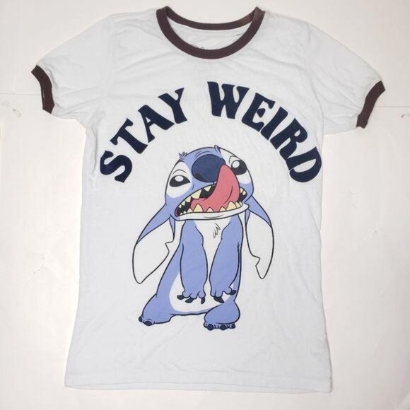 Disney "Stay Weird" Lelo and Stitch Graphic Tee size S navy trim white tee shirt - Picture 6 of 6